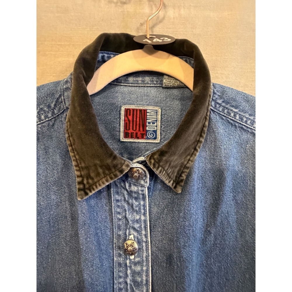 XL 143 Vintage Denim Shirt Western Concho Buttons Black Collar Oversized Cowgirl - Picture 3 of 6